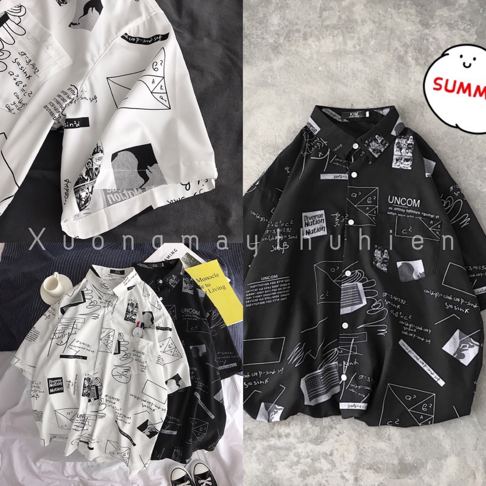 Áo sơ mi cộc tay họa tiết hình học dáng rộng unisex/ Áo sơ mi nam nữ tay lỡ có cổ trẻ trung năng động - xuongmaythuhien