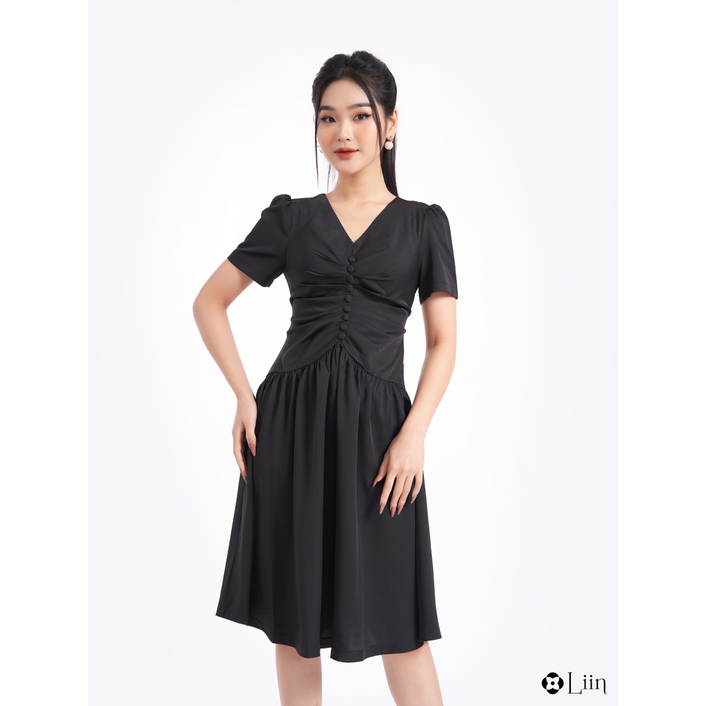 Đầm dự tiệc dáng suông đẹp thiết kế cổ V, cúc bọc thanh lịch liin clothing D6411