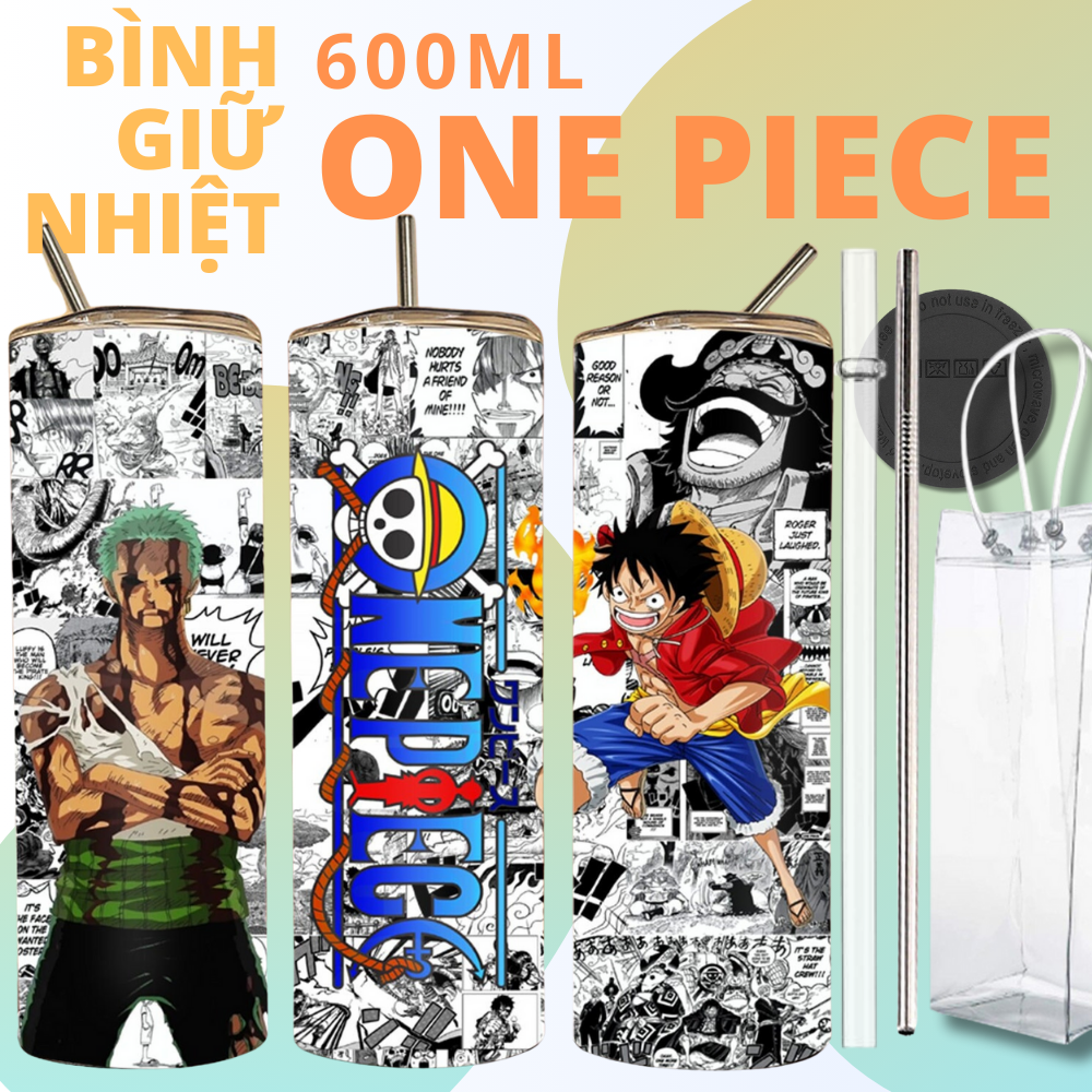 Bình giữ nhiệt Anime - Manga One Piece, Đảo hải tặc, Luffy - Cốc giữ nhiệt Inox không gỉ 600ml kèm ống hút