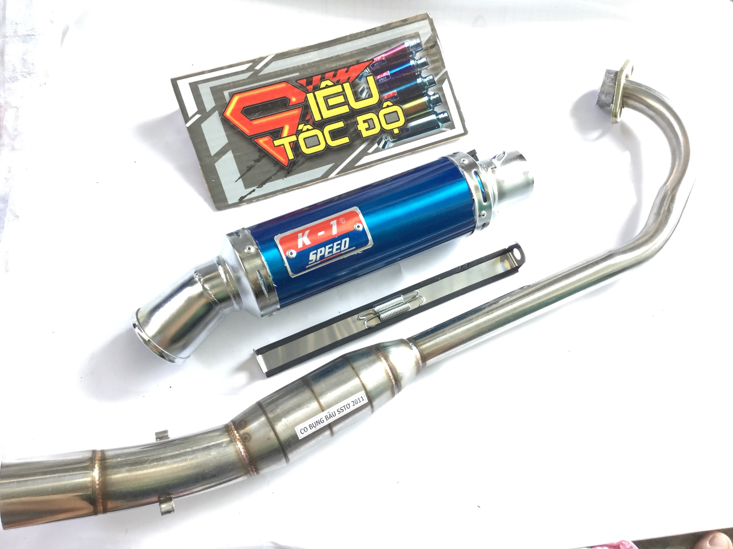 Pô k1 xanh full pass treo lò xo bao gồm cả cổ pô độ bầu hơi inox cho xe exciter 135.........