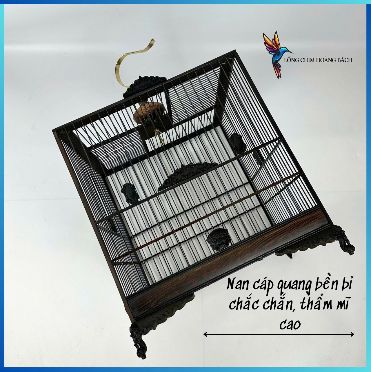 Khung lồng chim chào mào triện lá đề nan cáp quang đen, lồng chào mào triện lá đề, chất liệu gỗ mun, tặng kèm phụ kiện