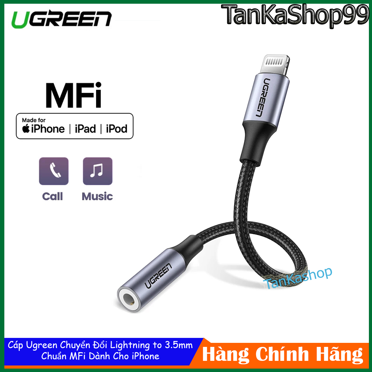 Cáp ugreen chuyển đổi lightning to 3.5mm audio chuẩn mfi cho iphone us211