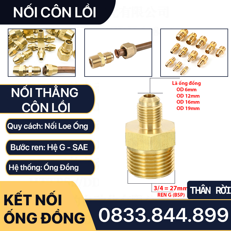 Thân Ren Ngoài 3/4 (27mm) Côn Lồi Lã Ống Đồng NPT Phi 6 8 10 12 16 19mm (Brass Flare Fitting Male Connector NPT)