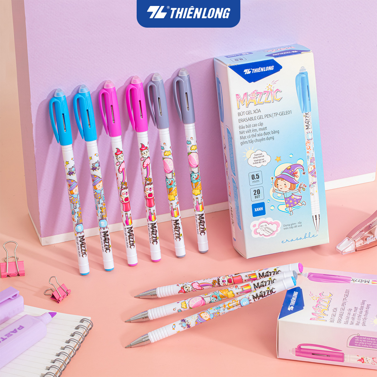  Combo 5 10 20 Bút Gel xóa được Thiên Long Mazzic TP-GELE01 ngòi 0.5mm mực xanh đen tím bút viết trơn mượt có gôm trên nắp 