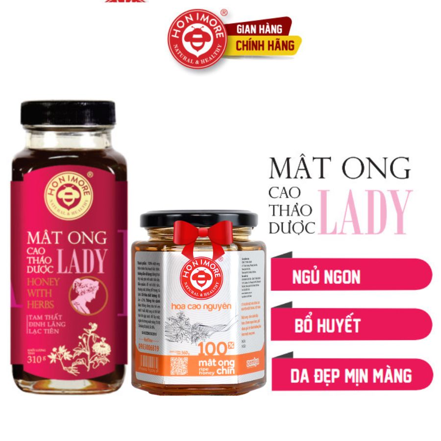 Combo mật ong rừng, mật ong nguyên chất -  Mật ong cao thảo dược Lady 310g + 1 lọ Mật ong rừng nguyên chất Honimore 360g - mật ong - mật ong rừng nguyên chất - Chuyên dành cho phụ nữ giúp ngủ ngon, tăng cường sức khỏe