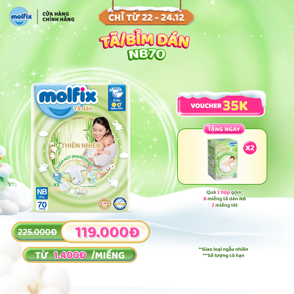 [Tặng 2 hộp quà sơ sinh] Tã/bỉm dán sơ sinh Molfix Thiên nhiên Jumbo Newborn (dưới 5kg) - Gói 70 miế