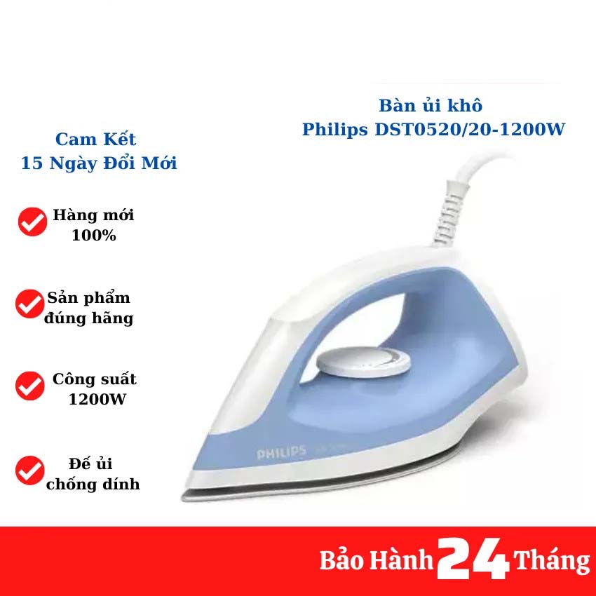 Mua bàn ủi, bàn là quần áo chính hãng, giá rẻ, bàn ủi khô philips dst0520 - công suất 1200w, mặt đế chống dính, điều khiển nhiệt độ dễ dàng, đầu bàn ủi nhọn, dễ dàng chạm đến những vị trí khó ủi nhất, có phủ lớp chống dính