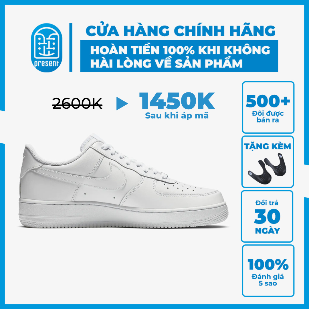 Giày sneaker AF1 trắng chính hãng, Air Force 1 All White cho nam nữ, thấp cổ, full box Present Original Sneakers