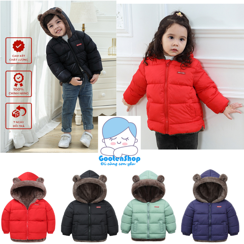 Áo khoác trẻ em, áo phao cho bé cao cấp có lót lông cừu toàn bộ bên trong cực ấm, mũ tai gấu dễ thương size từ 9-27kg