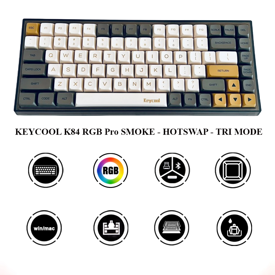 Bàn Phím cơ Keycool KC84 Pro Smoke Black RGB Hotswap Three-mode Bluetooth 5.0/ 2.4G/ Type-C