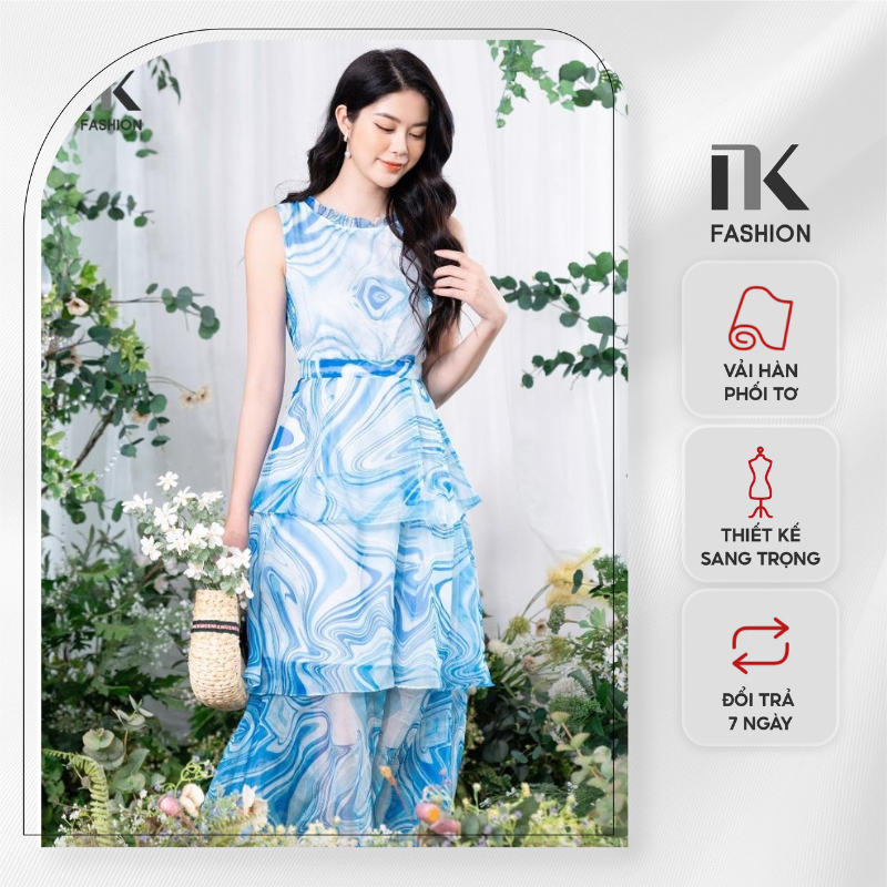 Đầm voan maxi nữ nk fashion thiết kế sát nách cổ bèo, thân xếp tầng tinh tế họa tiết thanh lịch nkdv2204006