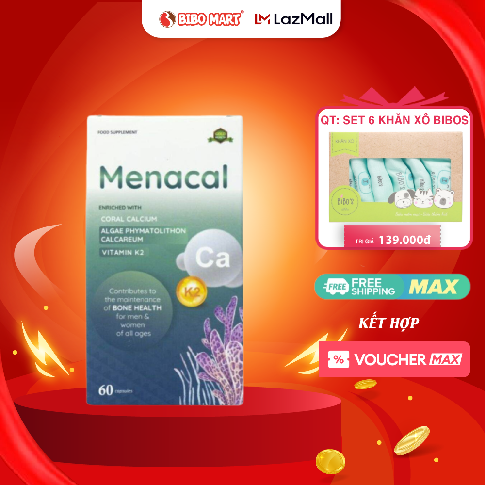 Viên Uống Canxi Menacal Bổ Sung Canxi Tự Nhiên Và Vitamin D3 K2 Hộp 60 Viên - Bibo Mart