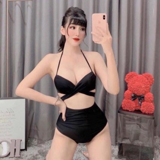 Bikini đồ bơi lưng cao siêu nâng ngực áo gọng chéo eo + quần nhún cao
