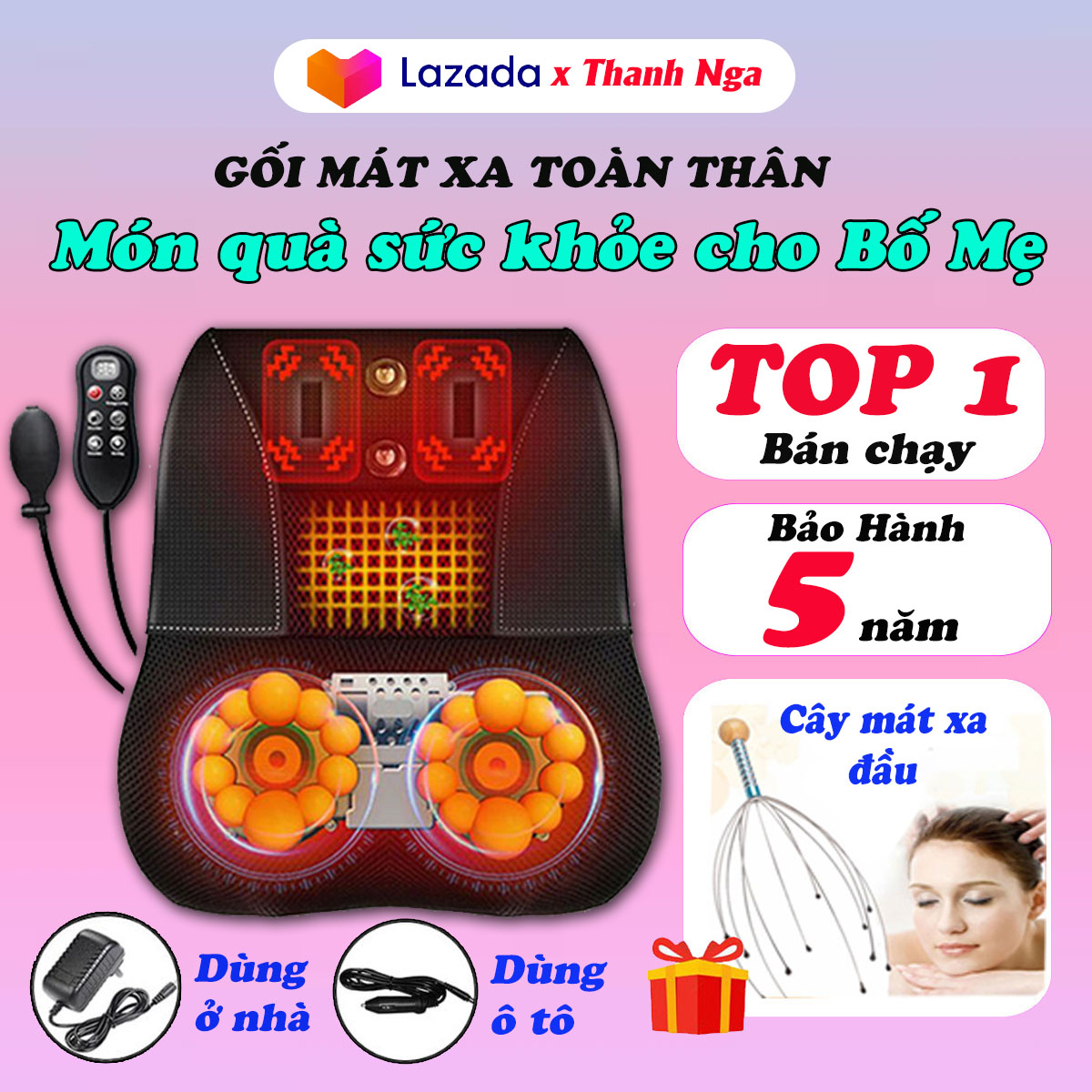 (BẢO HÀNH 5 NĂM) Máy mát xa cổ vai gáy, gối massage, matxa lưng, chân, tay với 20 bi xoay cho cảm giác chân thực như tay người, giảm đau mỏi nhanh phù hợp dùng tại nhà, văn phòng, ô tô