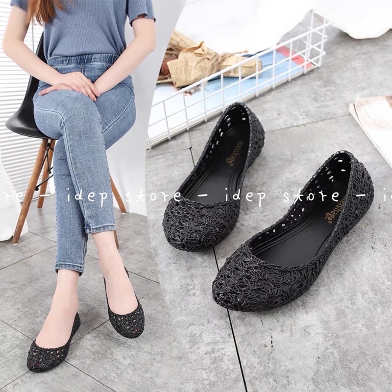   HCM Giày búp bê nhựa dẻo nữ đế cao 3cm lỗ thoáng khí đi mưa công sở êm chân chống trơn thời trang iDÉP GL033 