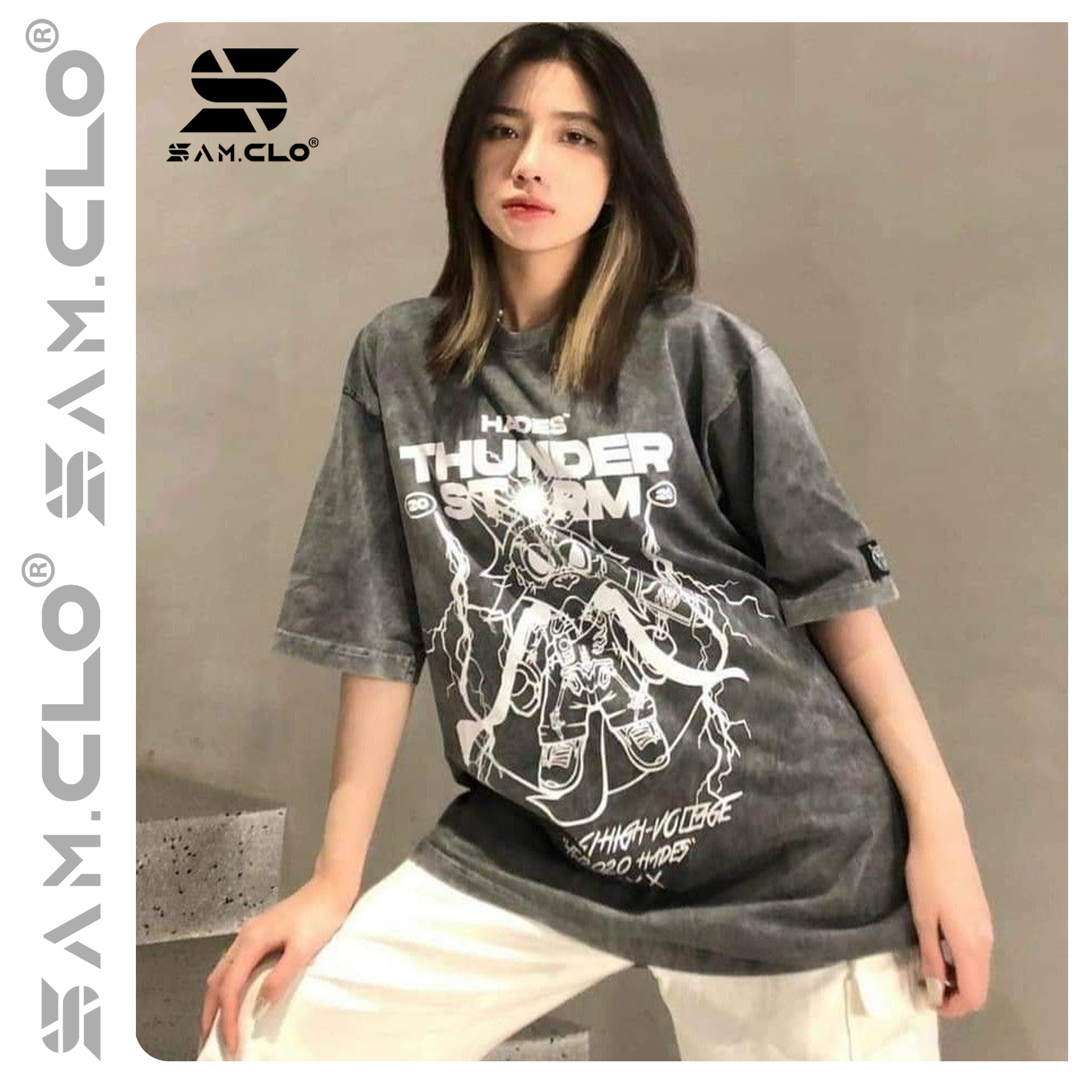 Áo thun in loang SAM CLO ulzzang nam nữ tay lỡ freesize phông form rộng dáng Unisex, mặc lớp, nhóm, cặp hình THUNDER STORM
