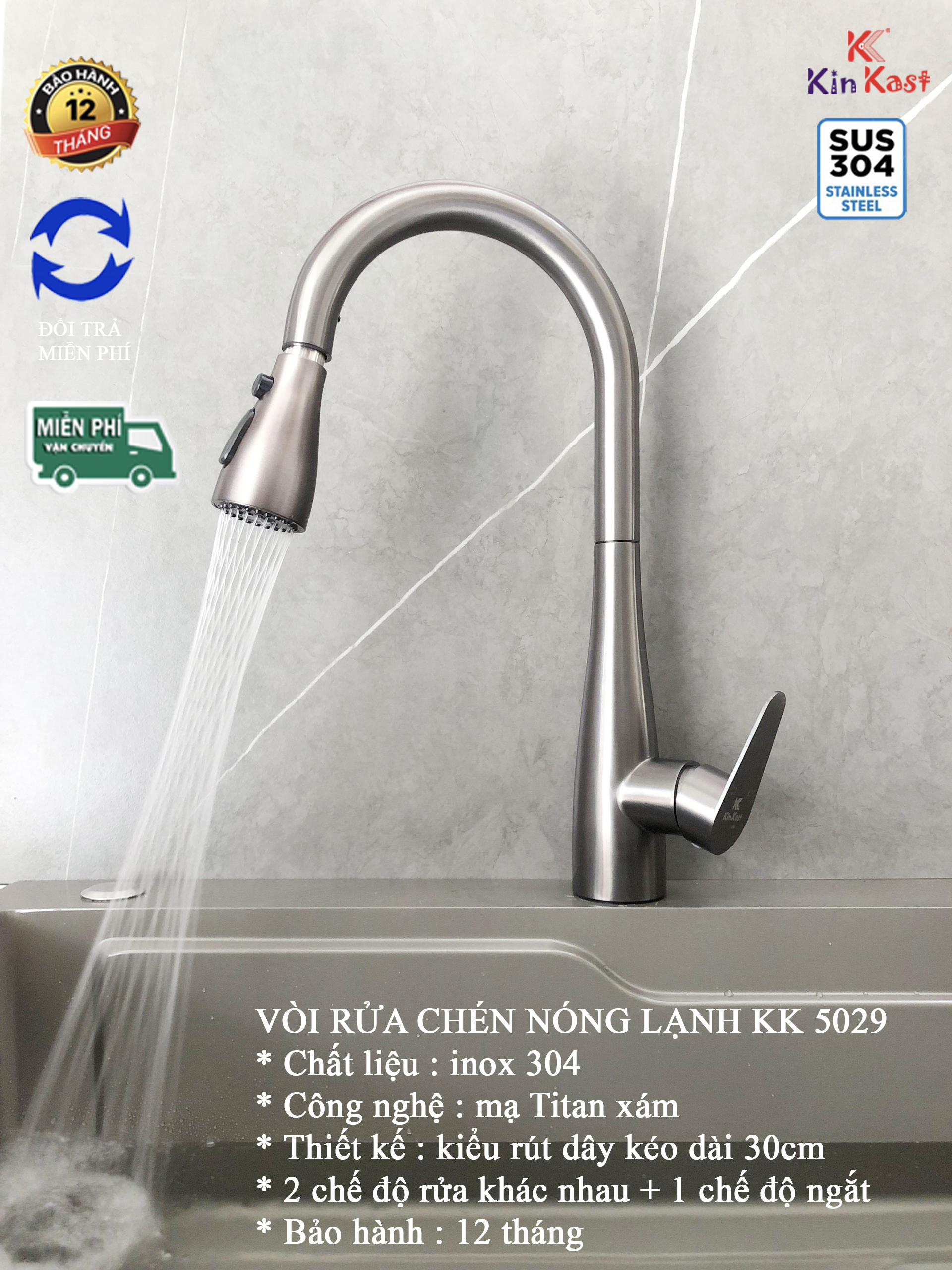 Vòi rửa chén nóng lạnh inox 304 nano xám+ vòi rửa bát inox dây rút kk5029+ vòi rửa bát inox 304029 + vòi rửa chén bát dây rút inox 304 + vòi rửa nhà bếp phủ nano xám