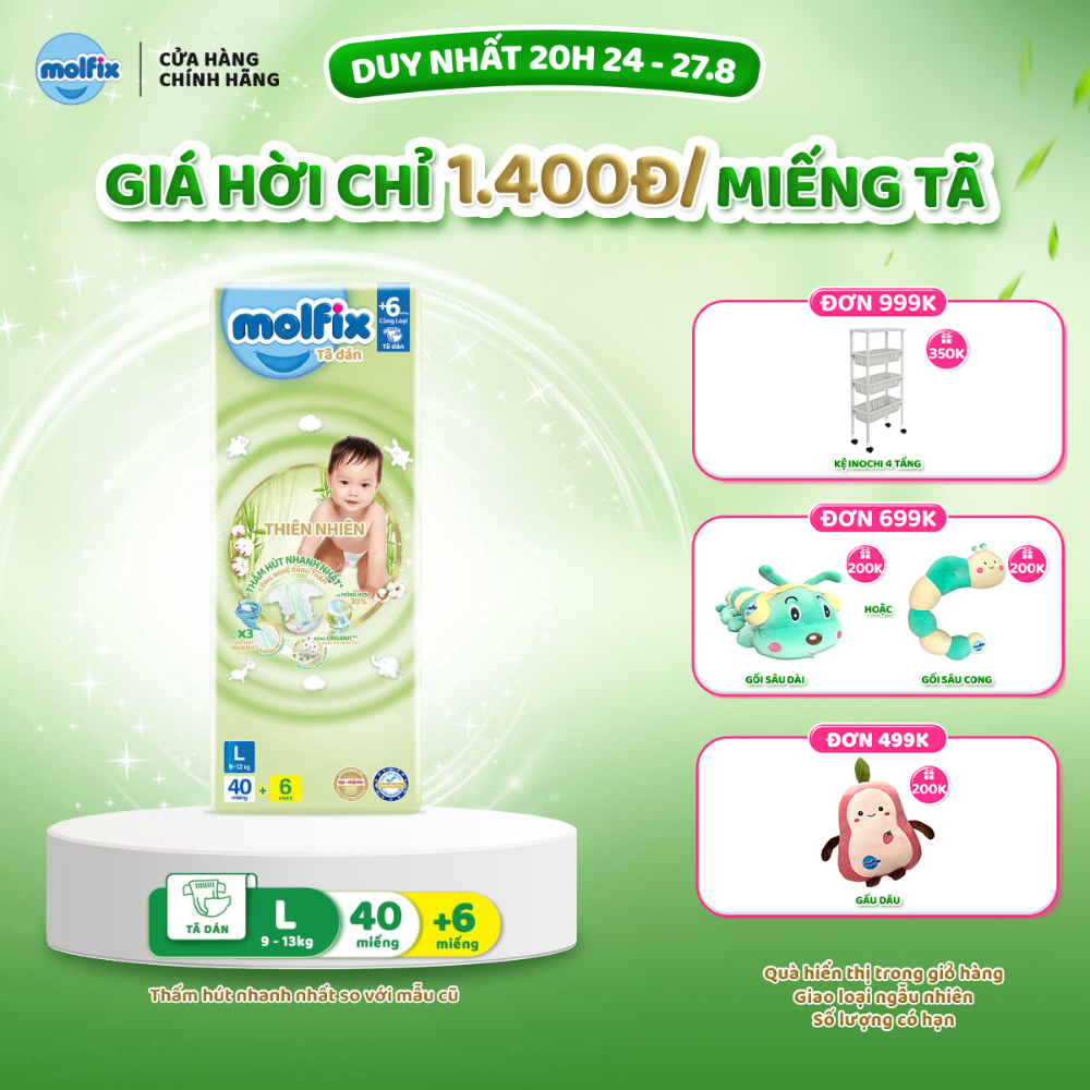 Tã/bỉm dán molfix thiên nhiên jumbo l - gói 40+6 miếng