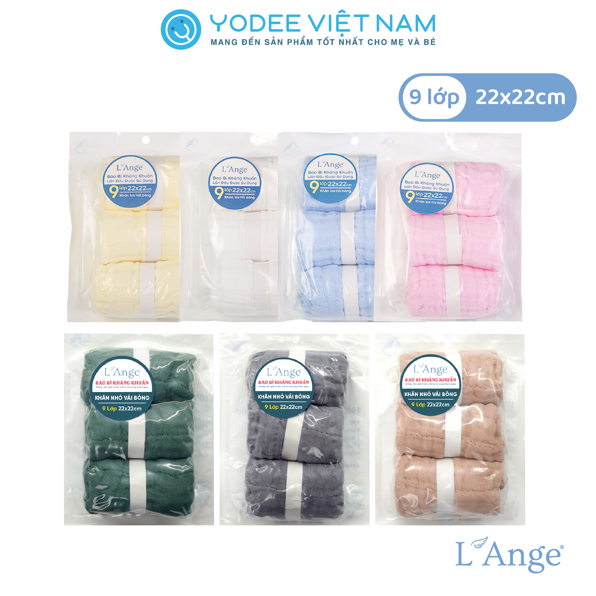 L'Ange Khăn sữa/Khăn lót đầu/Khăn lau mặt/Khăn yếm vải bông 9 lớp 22x22cm