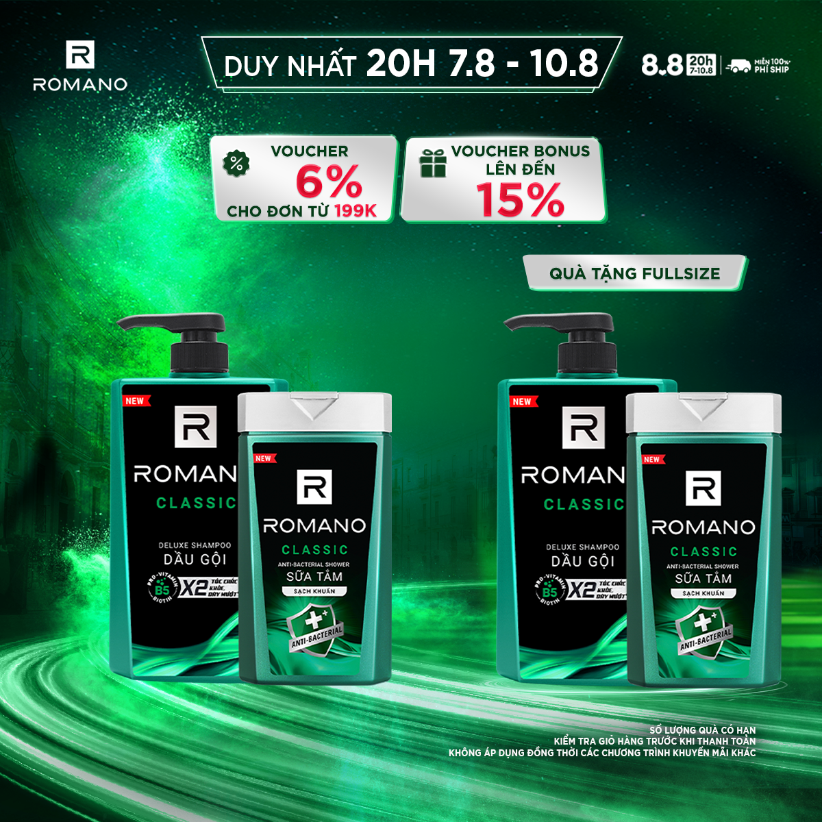 Dầu gội Romano hương classic 650g + Sữa tắm sạch khuẩn 150g mùi ngẫu nhiên