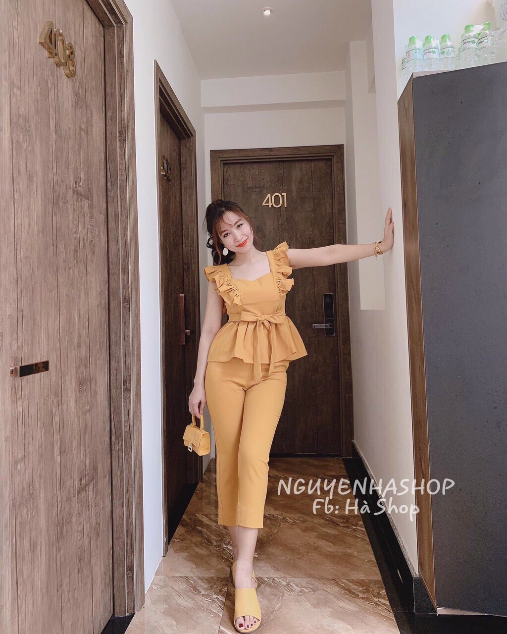 [HCM]Sét bộ nữ áo cánh tiên cổ vuông tay bèo cột nơ eo quần dài