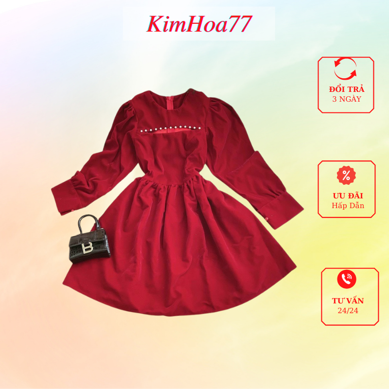 Váy xòe đầm nữ dự tiệc freesize chất umi tay dài khoét ngực đính ngọc kimhoa77