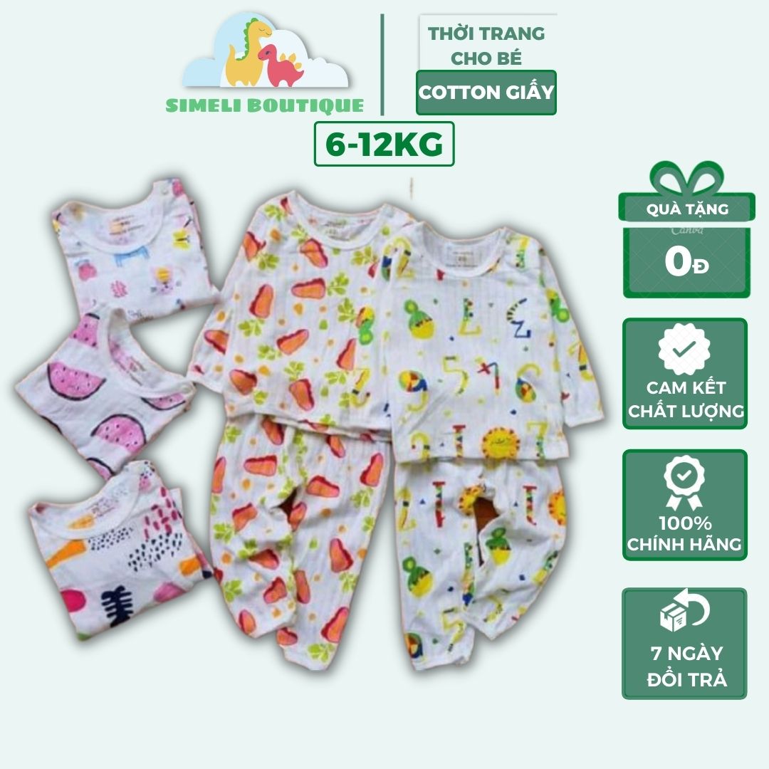 Bộ cotton giấy dài tay cài vai cho bé trai bé gái từ 6-13kg