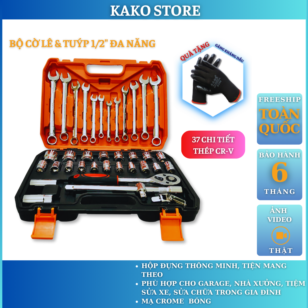 Bộ cờ lê tuýp 37 chi tiết , dụng cụ sửa chữa đa năng, chân 1/2",  cle chòng 8-19mm, tuýp 8-32mm sửa ô tô xe máy tiện ích Thiết bị pro.