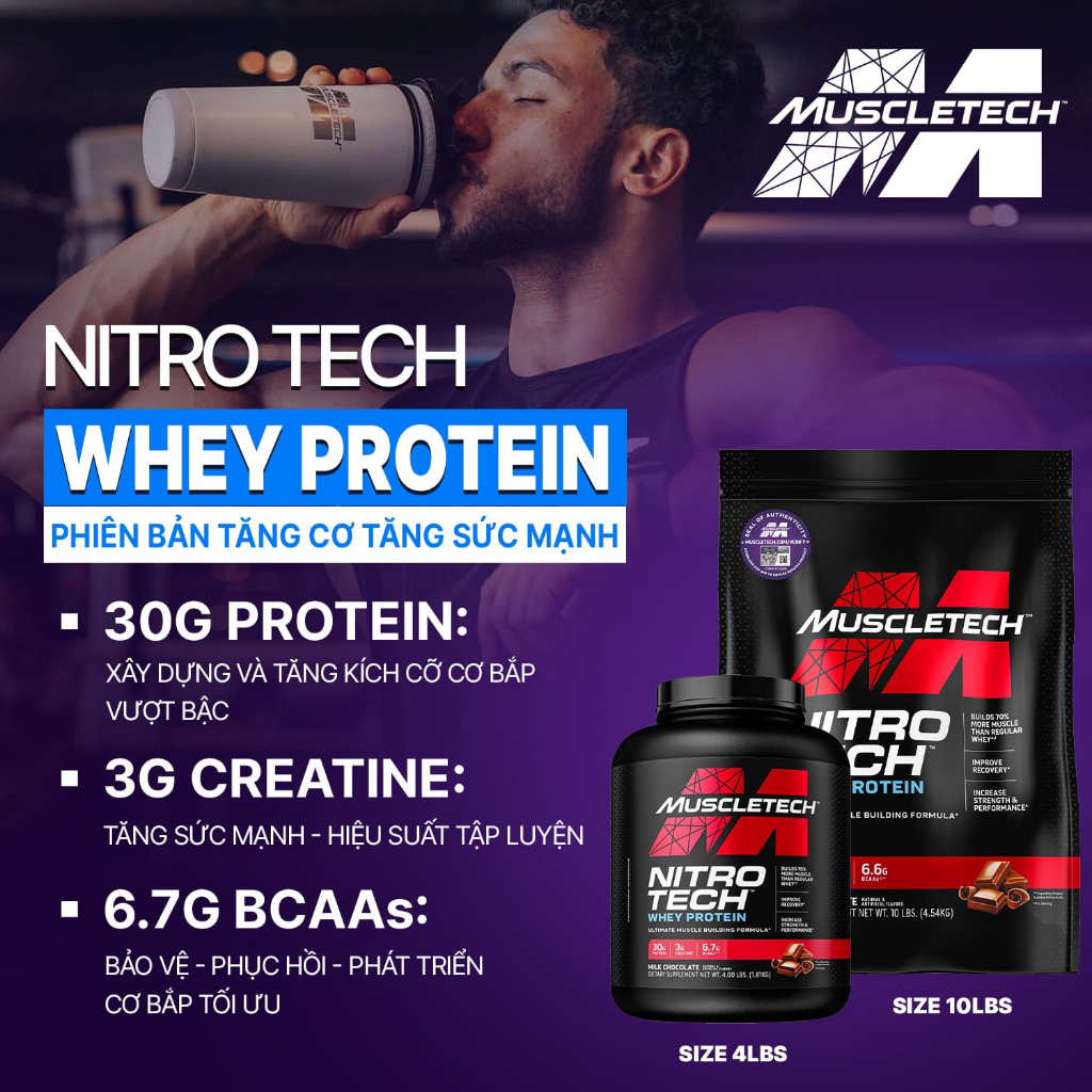 Sữa Tăng Cơ Whey + Creatine Muscletech Nitro Tech Whey Protein 4Lbs