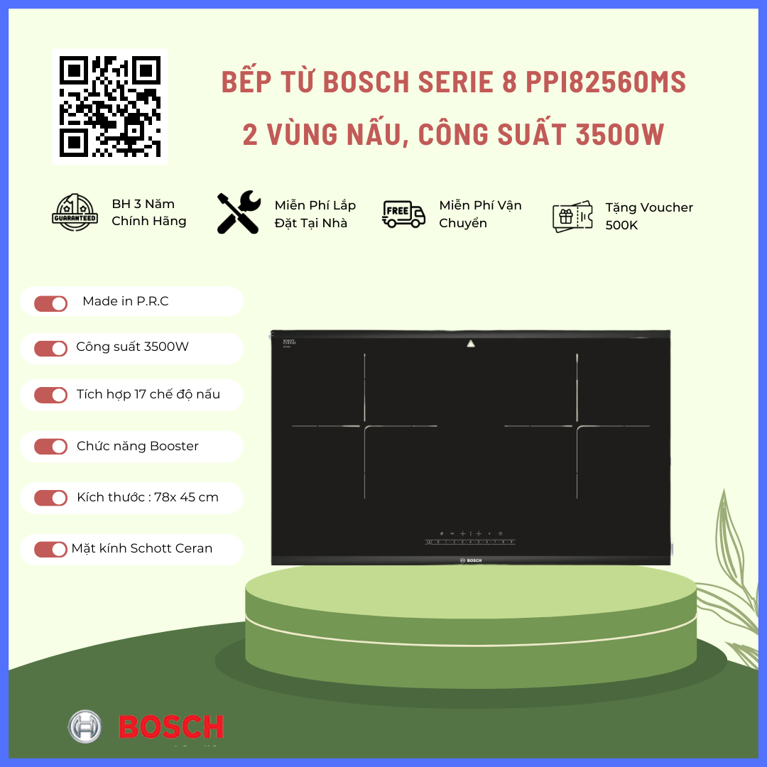 Bếp từ bosch serie 8 ppi82560ms 2 vùng nấu 3500w, bảo hành 3 năm chính hãng