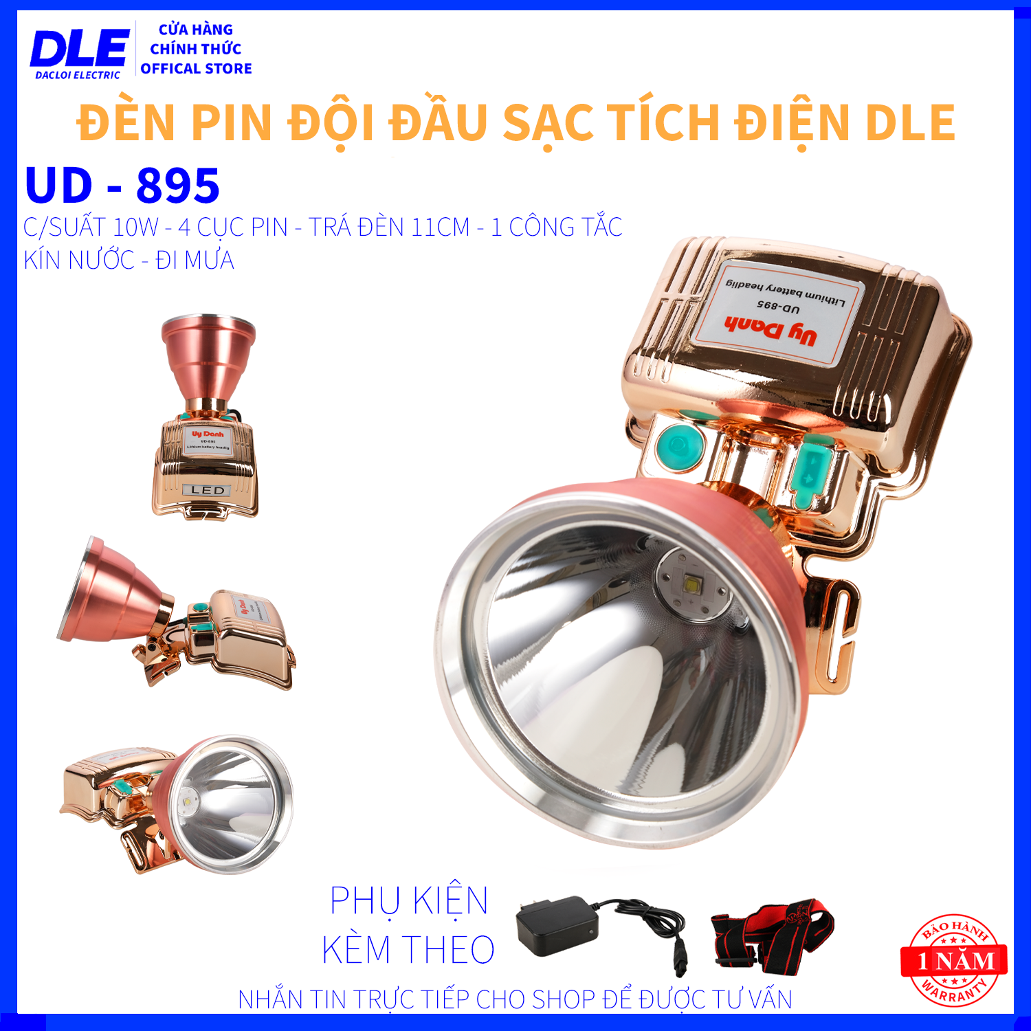 ĐÈN PIN ĐỘI ĐẦU UD - 895 - 4 CỤC PIN - LẶN BIỂN 10M - NHẬP KHẨU THÁI LAN - ÁNH SÁNG TRẮNG