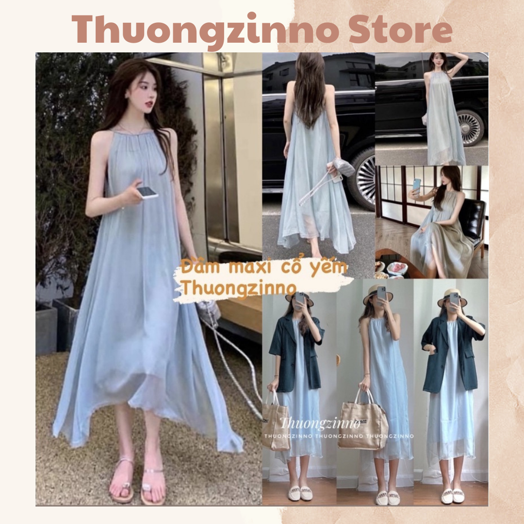 Váy maxi hai dây siêu sang đầm voan màu xanh đi biển chất voan tơ mềm mịn