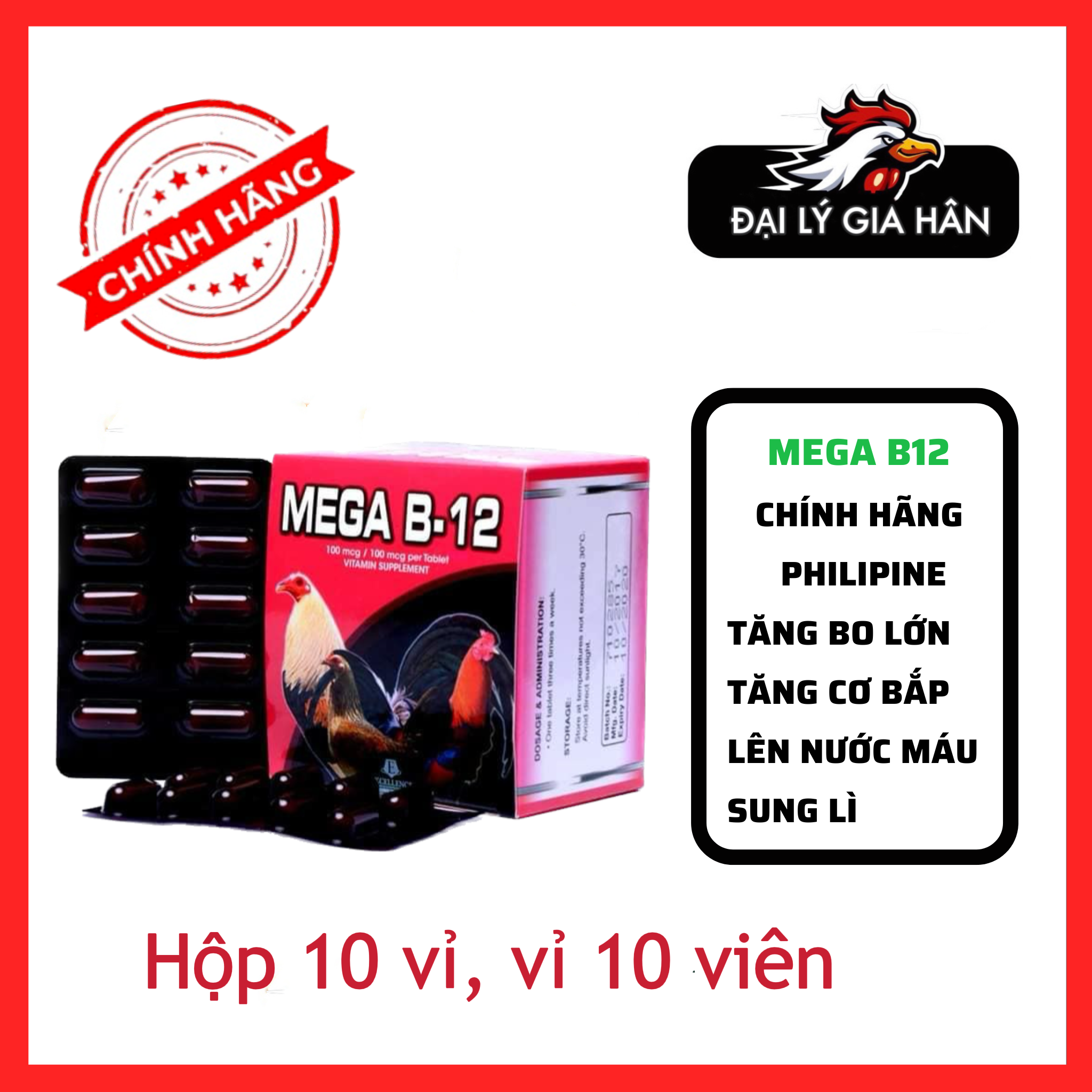 Thuốc nuôi gà đá tăng bo Mega B12, hộp 10 vĩ, nhập khẩu Philippines chính hãng, Thuốc gà đá
