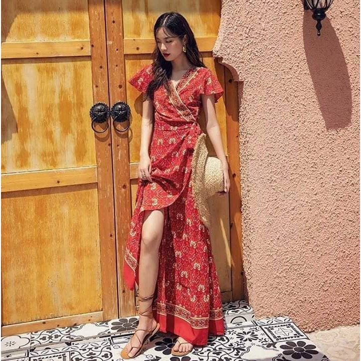 Váy đỏ boho thắt eo