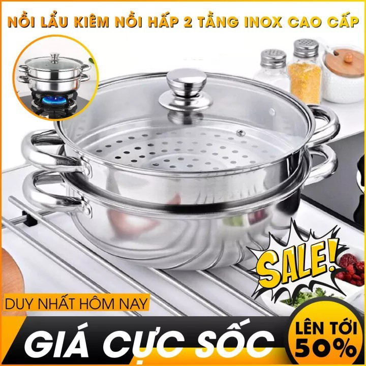 Nồi hấp 2 tầng inox nồi hấp xôi bánh bao size 28cm nắp kính/Bộ xửng hấp inox 28cm - nồi hấp đa năng 2 tầng cao cấp nắp kính