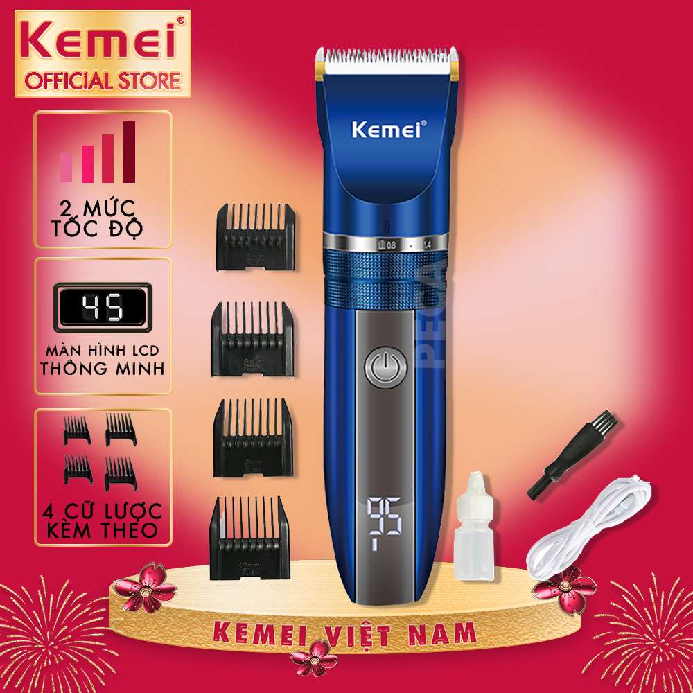 Tông đơ cắt tóc không dây Kemei KM-1086/1085 màn hình LCD hiện pin dùng cho cá nhân và gia đình, có 2 tốc độ cắt phân phối chính hãng