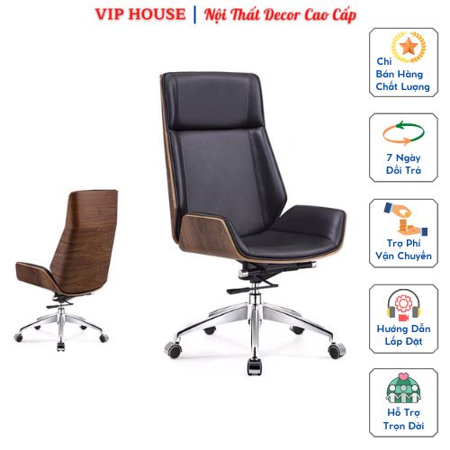 Ghế Giám Đốc Lưng Cao Bằng Gỗ Nệm Da PU Cao Cấp, Ghế Lãnh Đạo Ngả Lưng Thư Giãn, Ghế Xoay Trưởng Phòng Nâng Hạ Chiều Cao Có Bánh Xe Thông Minh GHP032
