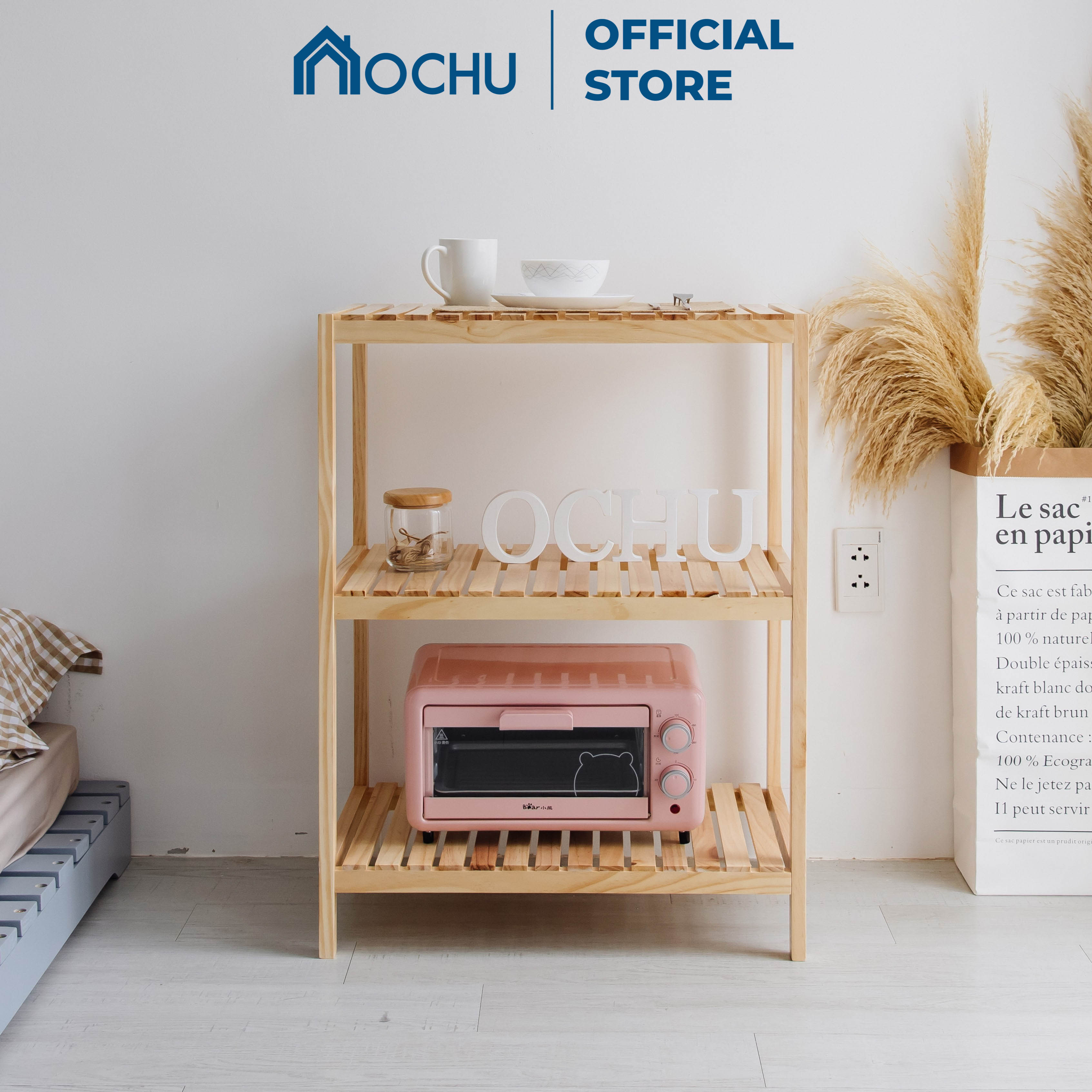 Kệ lò vi sóng khung gỗ 3 tầng ochu - oven shelf 3f - natural