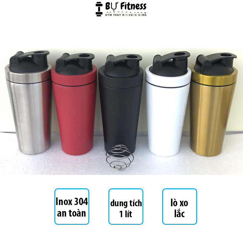Bình lắc inox shaker dung tích 1 lít, bình nước inox tập gym 304 bền đẹp