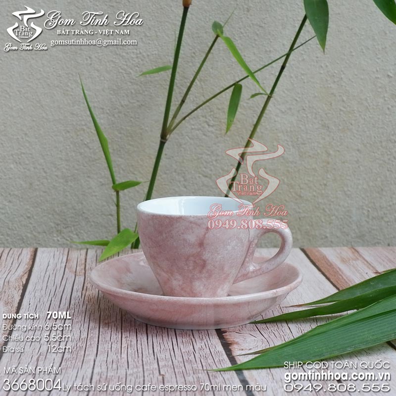 Ly tách sứ uống cafe espresso 70ml gốm sứ Bát Tràng men vân đá màu hồng
