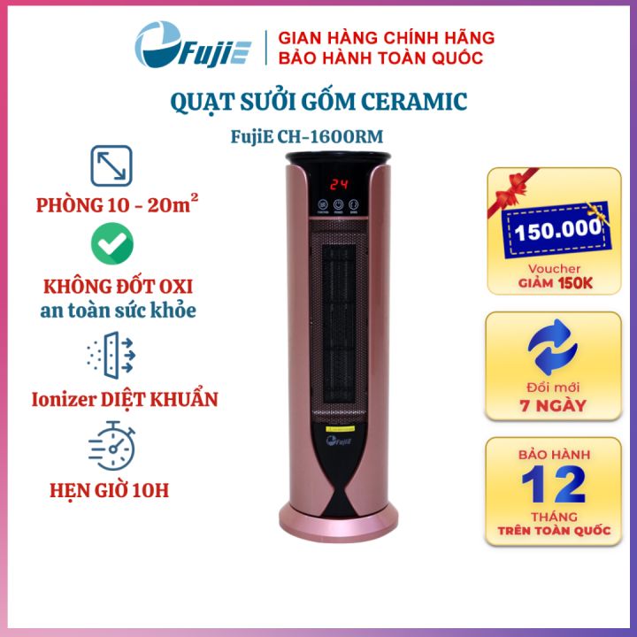 Quạt Sưởi Gốm Ceramic, Máy Sưởi Ấm FujiE CH-1600RM, không đốt oxi, không khô da, tạo ion âm diệt khuẩn, có remote, chống quá nhiệt tự ngắt an toàn - Hàng chính hãng bảo hành 12 tháng