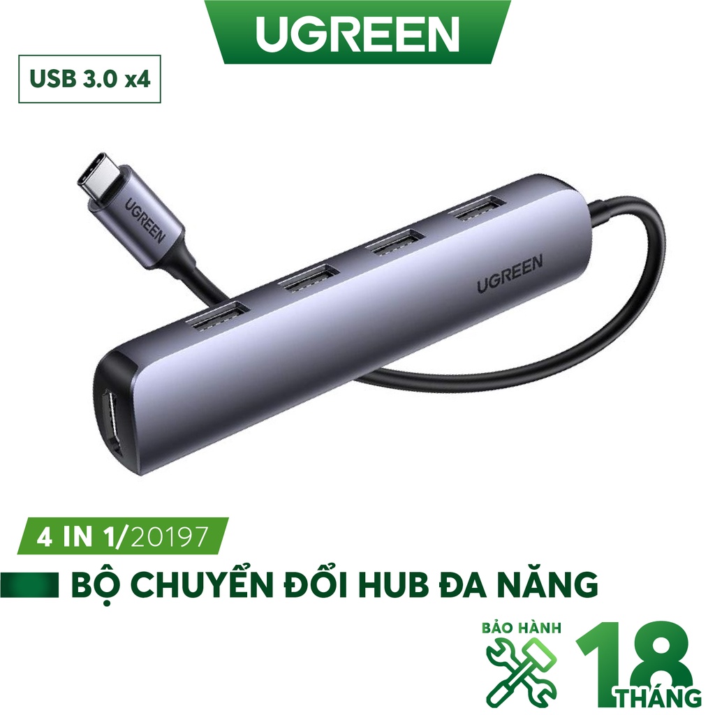 Thiết bị mở rộng usb type c to hdmi 4k@30hz kèm hub 4 cổng usb 3.0 ugreen 20197 cao cấp