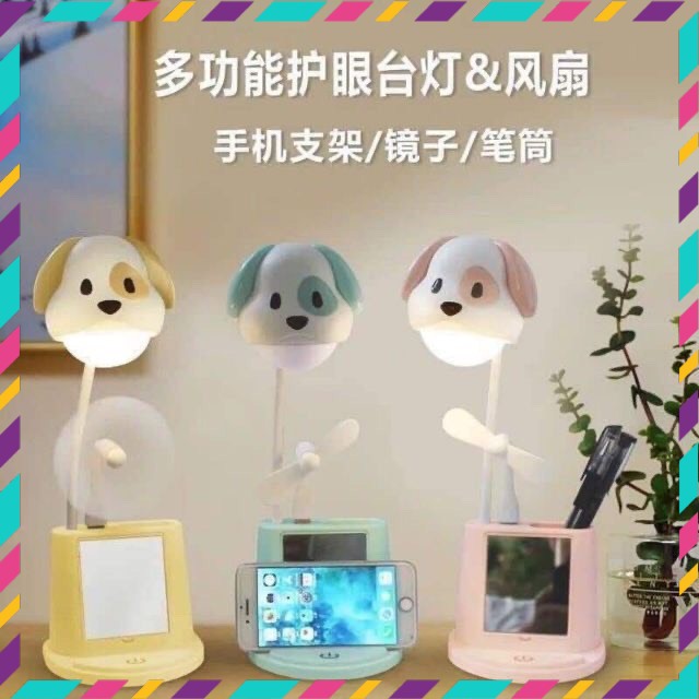 Đèn học để bàn tích điện kèm quạt hình thú đáng yêu đèn led chống cận thị
