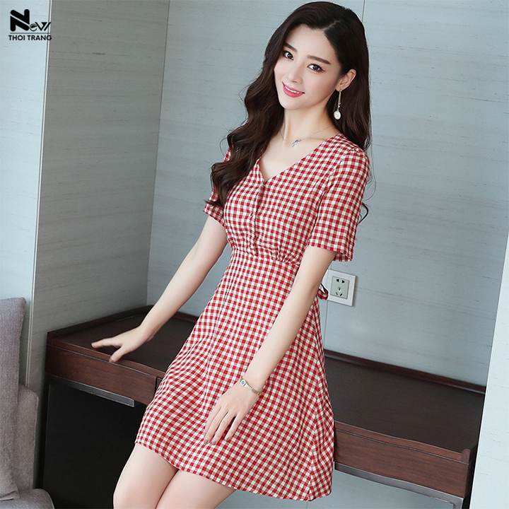 [HCM]Đầm Caro Form Chữ A - New Thoi Trang