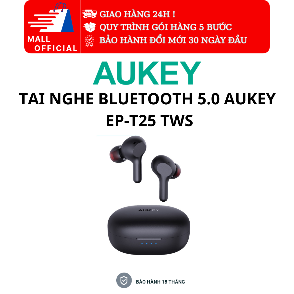 Tai nghe bluetooth 5.0 aukey ep-t25 tws chống ồn chống nước ipx5 - hàng chính hãng