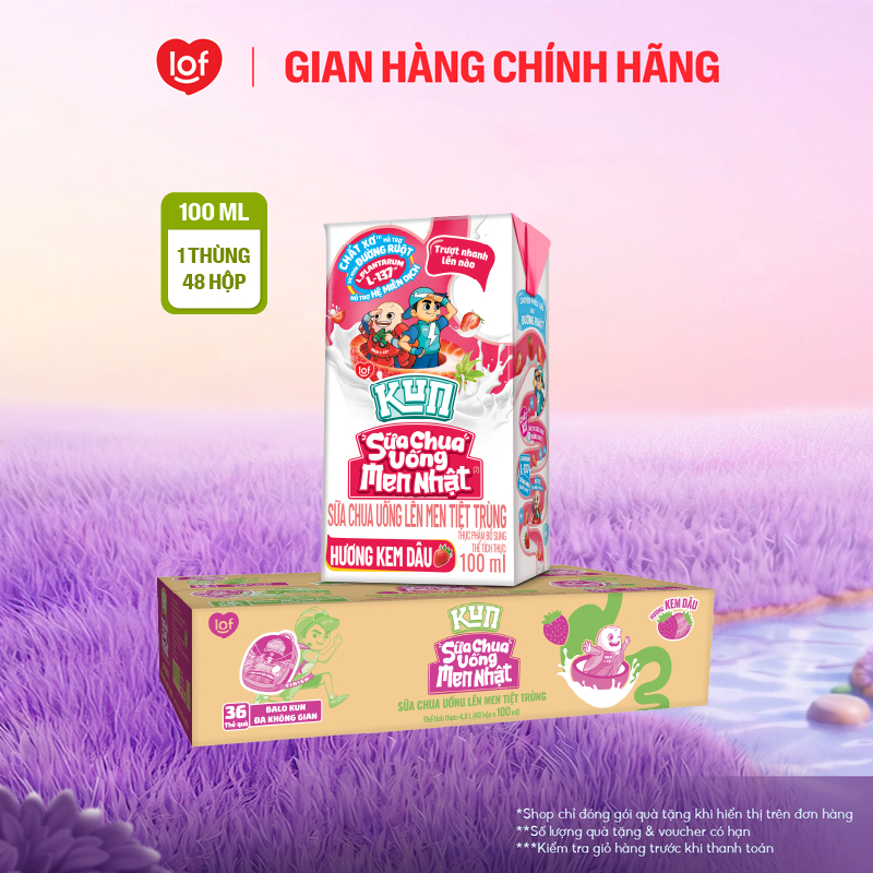 Sữa chua uống KUN vị kem dâu thùng 48 hộp x 100ml