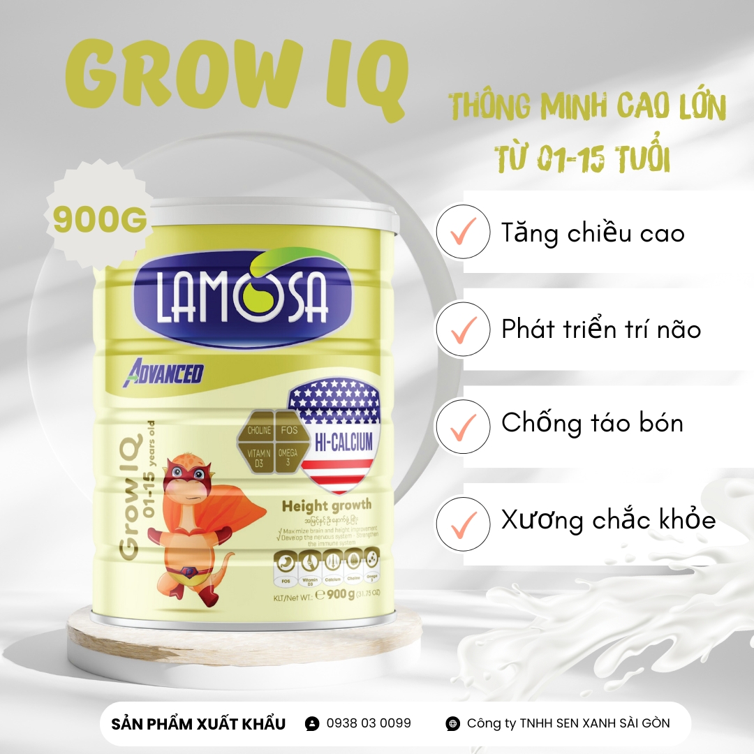 Sữa Bột cho trẻ từ 1 đến 15 tuổi giúp trẻ thông minh cao lớn Lamosa Grow IQ lon 900G hàng xuất khẩu