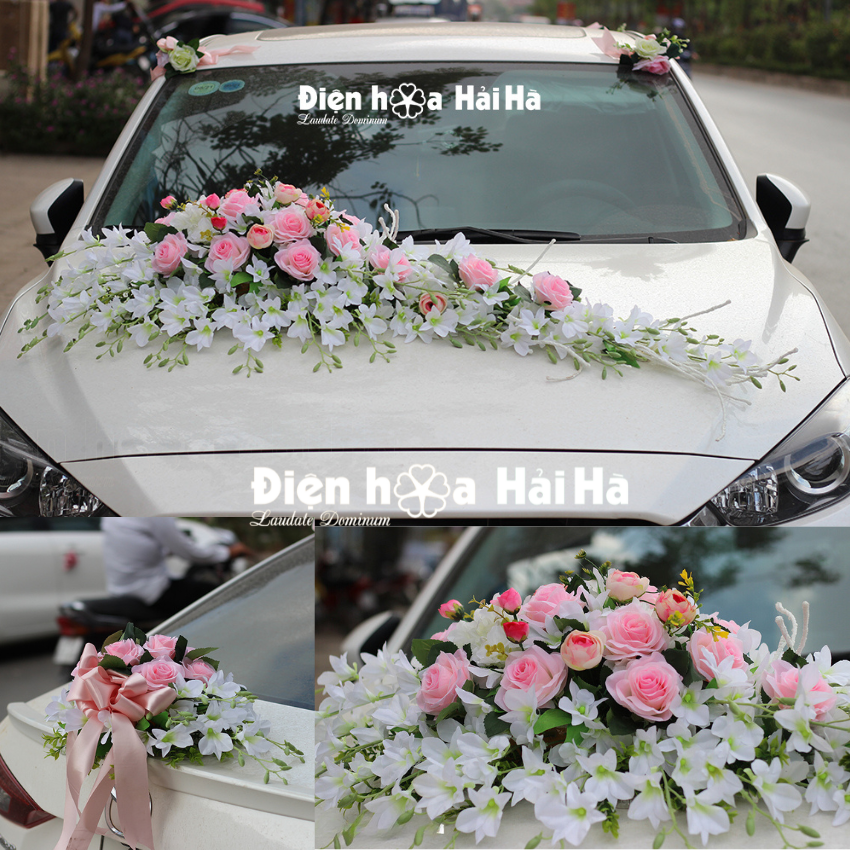 xhg-072 Bộ hoa lụa gắn xe cưới hoa lan trắng hồng sen đẹp