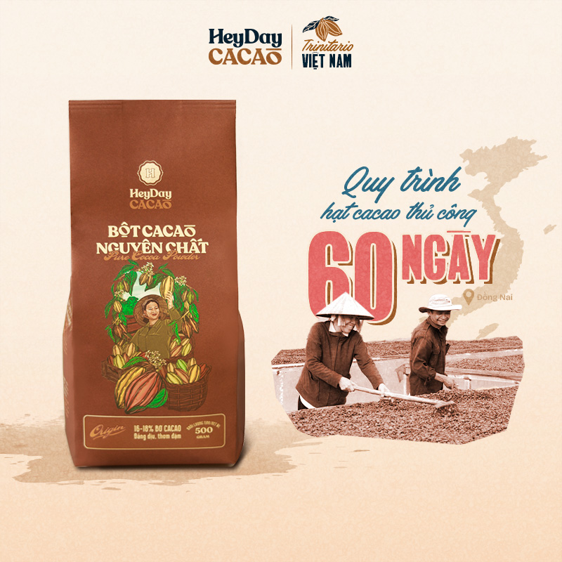 Bột cacao nguyên chất Việt Nam không đường Heyday Túi  giấy 500g - Origin 18% bơ cacao tự nhiên - Hỗ trợ giảm cân - Keto - Vị socola nguyên bản - Không hương liệu, phụ gia
