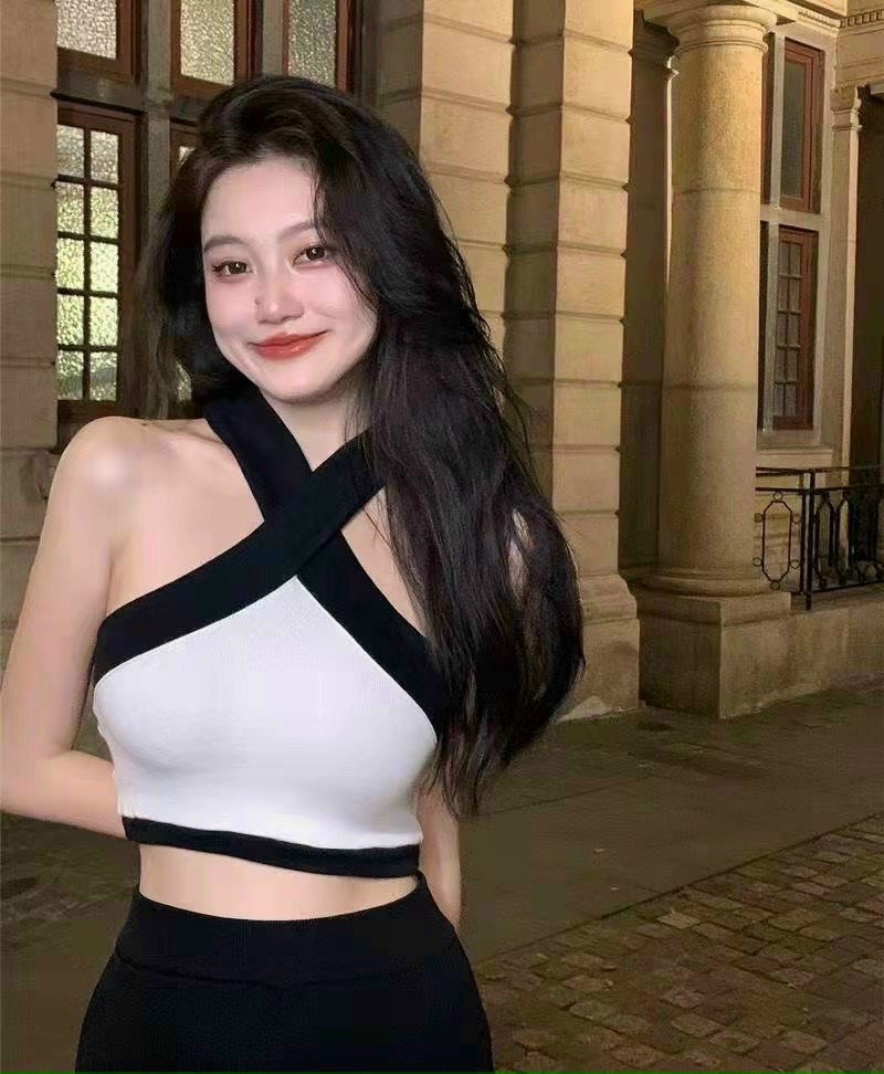 Áo kiểu nữ croptop dây chéo cổ bản to phối màu, áo nữ cổ yếm hở vai xinh xắn